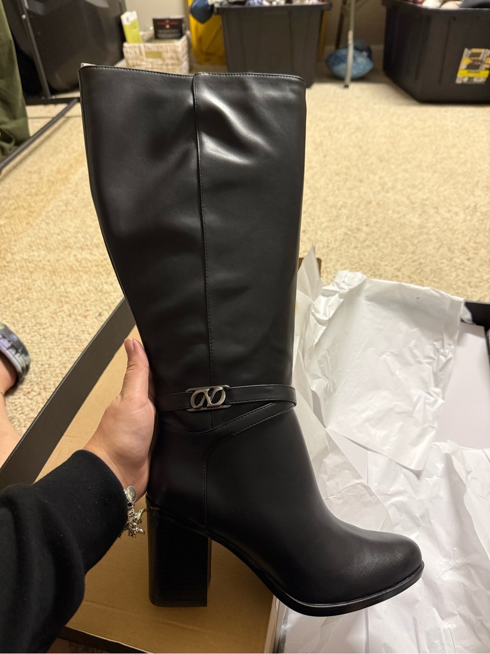 Naturalizer Black Knee-High Block Heel Boots with Strap Accent
